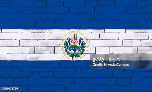 flag of el salvador painted on a brick wall - sonsonate stock pictures, royalty-free photos & images