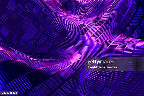 futuristic glossy striped waves, lines gradient dark blue, lilac purple, metallic technology, innovation background. 3d abstract pattern. design element, geometric composition. - purple texture stock pictures, royalty-free photos & images
