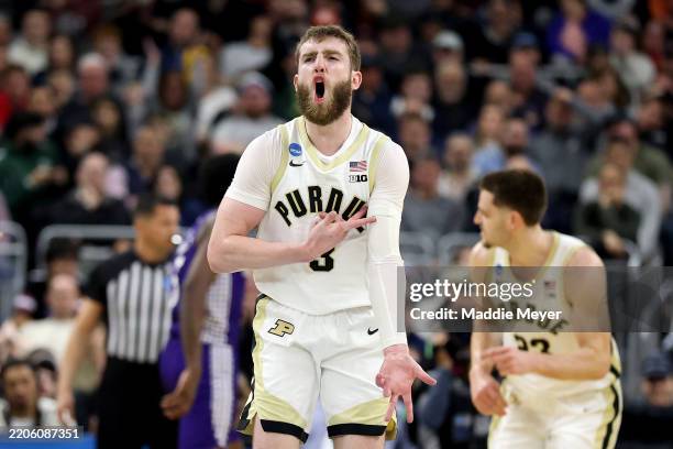 Braden Smith of the Purdue Boilermakers celebrates a basket against the High Point Panthers during the second half in the first round of the NCAA...