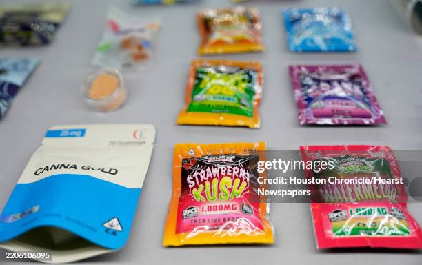 Selection of THCa edibles are shown at The Cobo Dispensary, 4403 Buck St., in Houston, Friday, March 14, 2025.