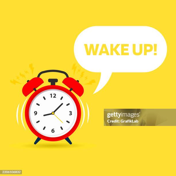 red alarm clock 'wake up' message yellow background - one minute countdown timer stock illustrations