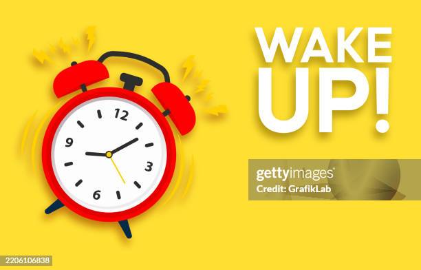 red alarm clock 'wake up' text yellow background - clock hand stock illustrations