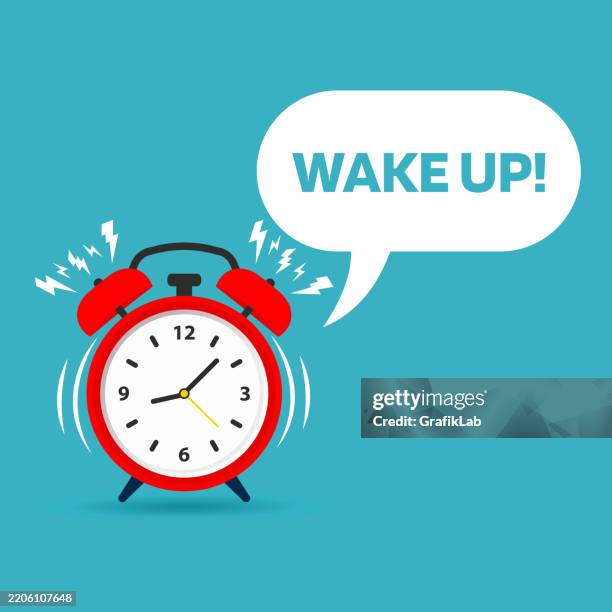 bildbanksillustrationer, clip art samt tecknat material och ikoner med red ringing alarm clock 'wake up' text blue background - väckarklocka