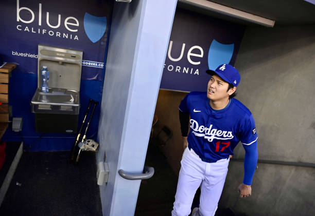 Los Angeles, CA Shohei Ohtani of the Los Angeles Dodgers prior to a freeway Series exhibition baseball game against the Los Angeles Angels at Dodger...