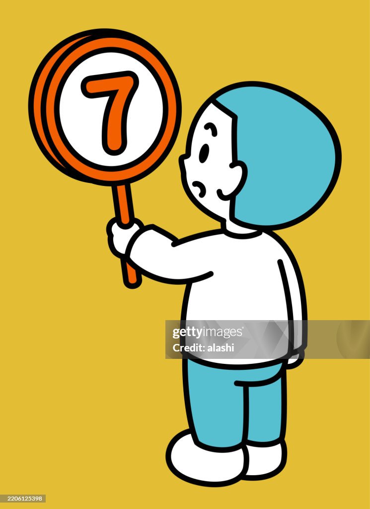 A cute boy holding a circular sign with the number "7". This is a three-quarter rear view, with a black outline and flat colors, in a minimalist style
