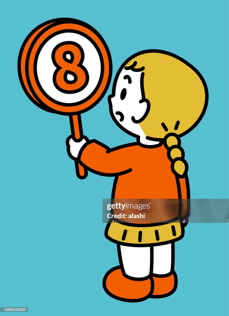 Ein süßes Mädchen hält ein kreisförmiges Schild mit der Zahl "8" in der Hand. Dies ist eine Dreiviertel-Rückansicht mit schwarzem Umriss und flachen Farben in einem minimalistischen Stil