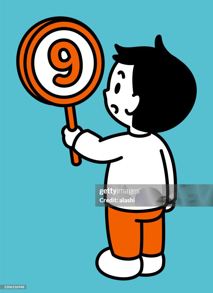 A cute boy holding a circular sign with the number "9". This is a three-quarter rear view, with a black outline and flat colors, in a minimalist style