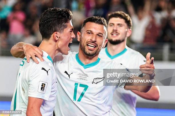 New Zealand's Kosta Barbarouses celebrates scoring a goal during the FIFA World Cup 2026 Oceania qualifiers group final football match between New...