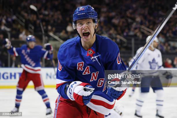 Artemi Panarin of the New York Rangers reacts after scoring a goal during the second period against the Toronto Maple Leafs at Madison Square Garden...