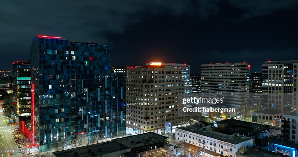 Downtown Buildings in San Jose, CA at Night