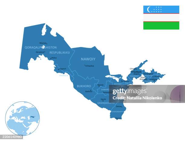 uzbekistan - detailed map with regions and cities of the country. flag and globe. - uzbekistan map stock illustrations