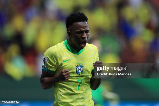 Vinicius Junior of Brazil celebrates after winning the South American FIFA World Cup 2026 Qualifier match between Brazil and Colombia at Mane...