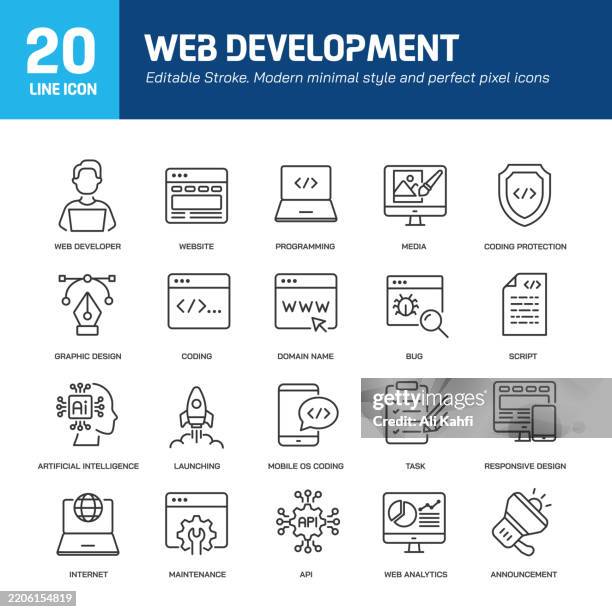 web development line icons. editable stroke. containing website, coding, web design icons collection. vector illustration. for website design, logo, app, template, ui, etc - office flat lay stock illustrations