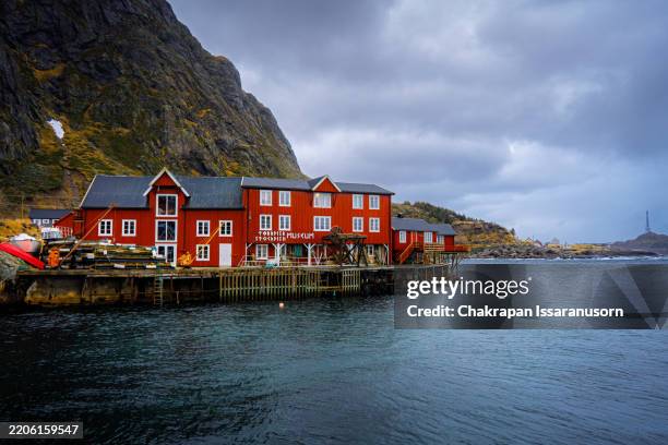 View Of village In Moskenesya During Winter Lofoten Island Norway High-Res Stock Photo