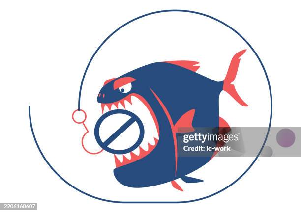 angry fish biting no warning icon with fishing hook - fresh caught fish stock illustrations