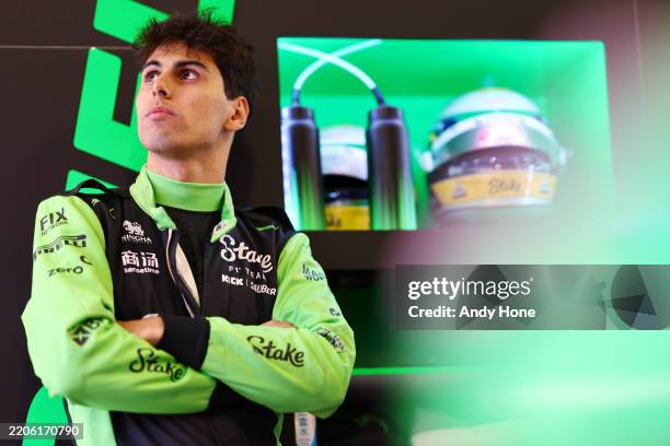Gabriel Bortoleto of Brazil and Stake F1 Team Kick Sauber looks on in the garage during Sprint Qualifying ahead of the F1 Grand Prix of China at...