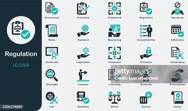 regulation solid icons collection.containing compliance, guideline, constraint, law, procedure, conduct, restrictions, legislation, standard, adherence, rules, governance, policy, oversight, authority - small business strategy stock illustrations