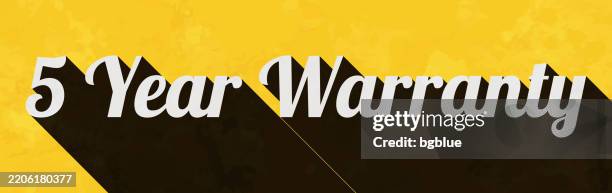5 year warranty - text with long shadow on textured yellow background - 5 year stock illustrations