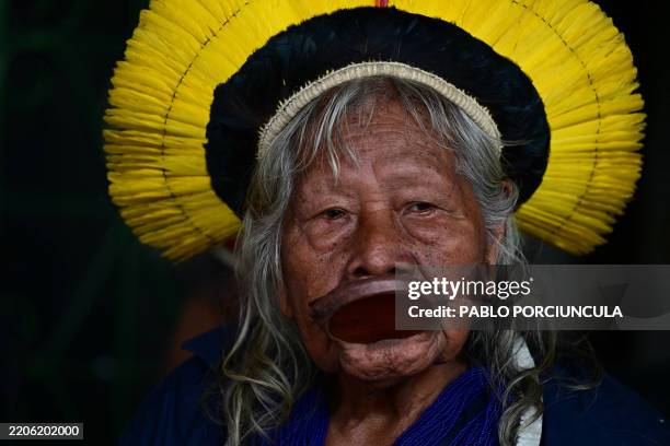 Brazilian Indigenous leader of the Kayapo people Raoni Metuktire gives an AFP interview at Raoni Institute in Peixoto de Azevedo in Mato Grosso...