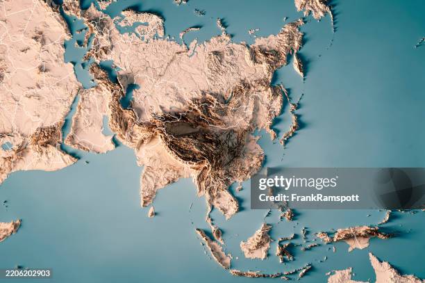 asia topographic map horizontal 3d render neutral border - fysisk geografi bildbanksfoton och bilder