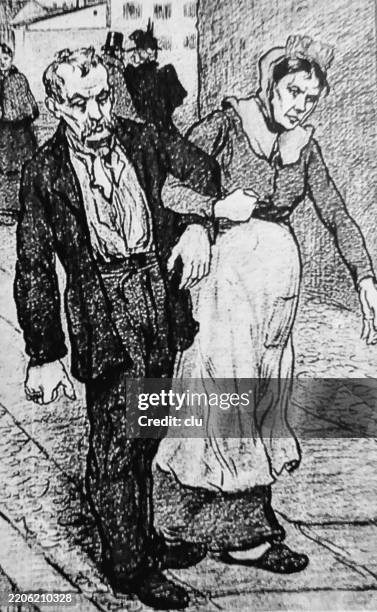 woman supports her sick husband and leads him home - husband stock illustrations