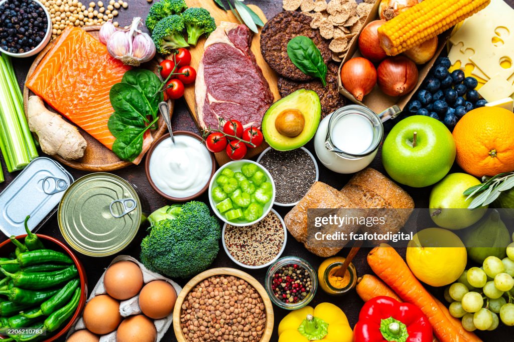 Large group of raw food for a well balanced diet. Includes carbohydrates, proteins and dietary fiber