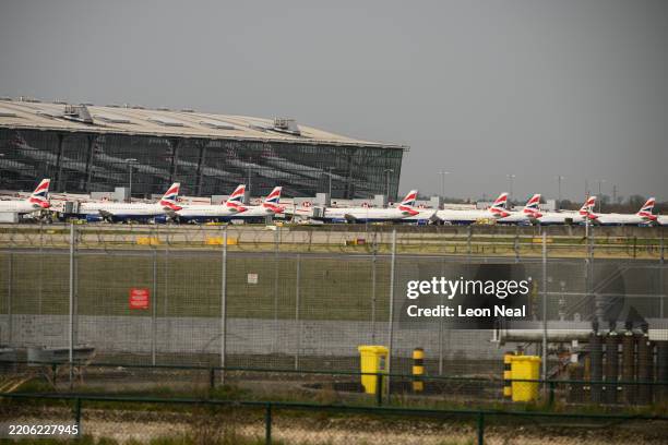 Passenger aircraft operated by British Airways on the tarmac at London Heathrow Airport on March 21, 2025 in London, England. A fire at the North...