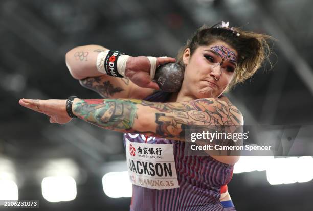 Chase Jackson of Team United States competes in the Women's Shot Put on day one of the World Athletics Indoor Championships Nanjing 2025 at Nanjing...