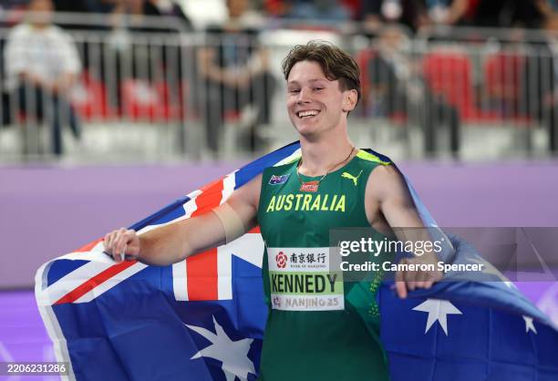 Second placed Lachlan Kennedy of Team Australia celebrates after the Men's 60m Final on day one of the World Athletics Indoor Championships Nanjing...