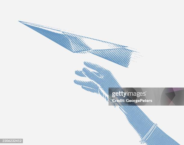 hand throwing paper airplane cut out - paper airplane stock illustrations