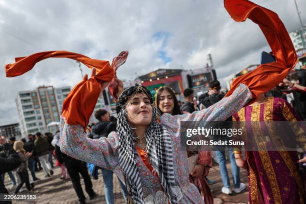 Kurdish women enjoy their traditional dance during Newroz celebrations on March 21, 2025 in Diyarbakir, Turkey. Newroz, or Nowruz, a celebration of...