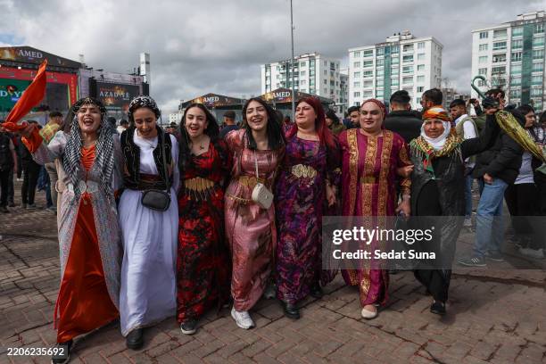 Kurdish women enjoy their traditional dance during Newroz celebrations on March 21, 2025 in Diyarbakir, Turkey. Newroz, or Nowruz, a celebration of...