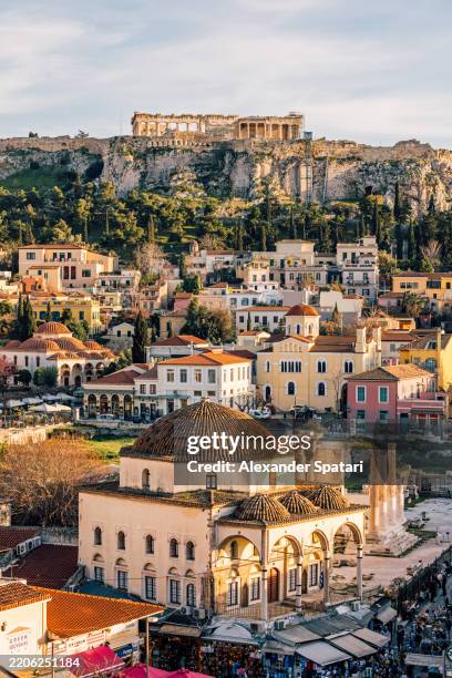 acropolis and plaka district on a sunny day, aerial view, athens, greece - acropolis athens stock pictures, royalty-free photos & images