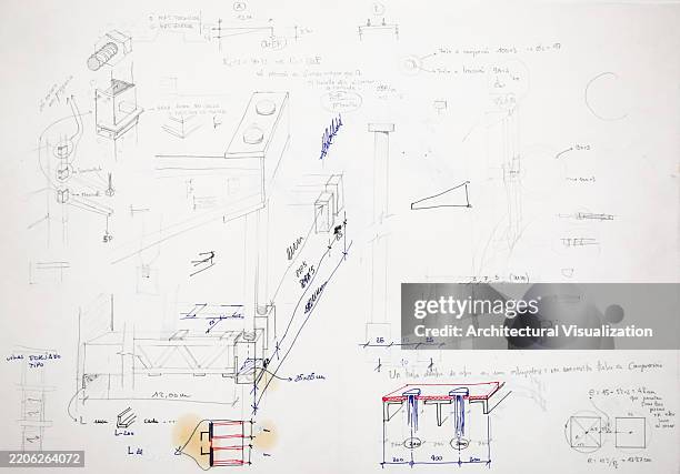 architect handmade drawings and sketches showing design thinking process, creativity and innovation solving architecture holistic problems - engineering-design-process-diagram stock illustrations