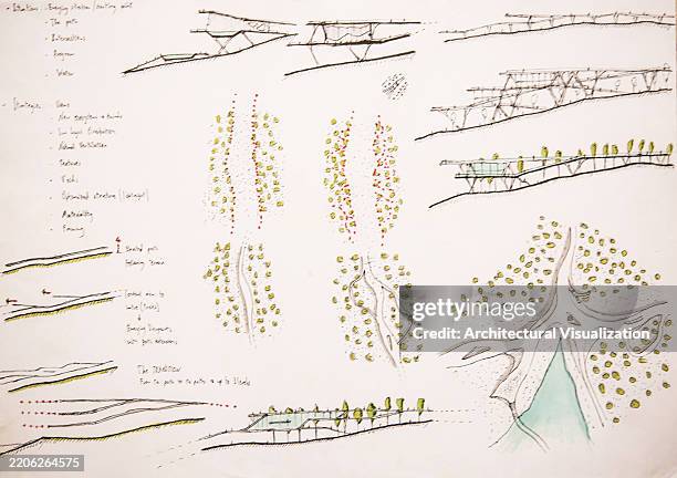 architect handmade drawings and sketches showing design thinking process, creativity and innovation solving architecture holistic problems - engineering-design-process-diagram stock illustrations