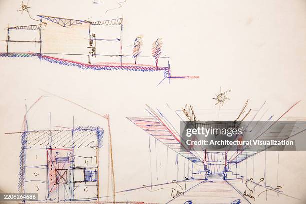 architect handmade drawings and sketches showing design thinking process, creativity and innovation solving architecture holistic problems - scale model stock illustrations