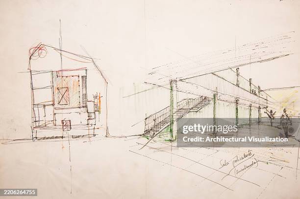 architect handmade drawings and sketches showing design thinking process, creativity and innovation solving architecture holistic problems - scale model stock illustrations