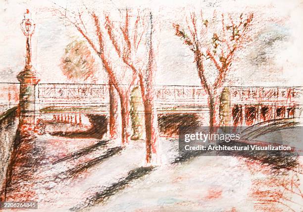 hand-drawn cityscape depicting a bridge and riverside scenery with trees - endless bridge stock illustrations