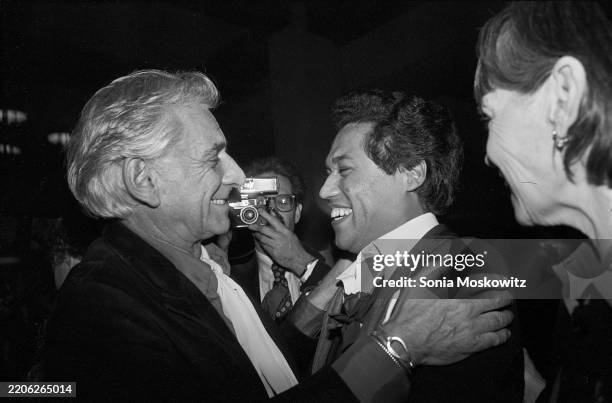 Composer Leonard Bernstein and actor Daniel Valdez attend the opening night party for "Zoot Suit" at Sardi's in New York City on March 25, 1979....
