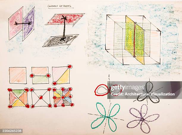architect handmade geometric shapes drawings and sketches showing design thinking process, creativity and innovation solving architecture holistic problems - architect building model stock illustrations