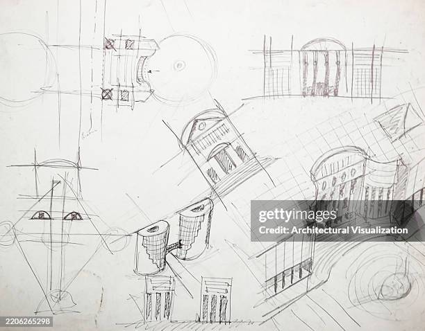 architect handmade drawings and sketches showing design thinking process, creativity and innovation solving architecture holistic problems - engineering-design-process-diagram stock illustrations