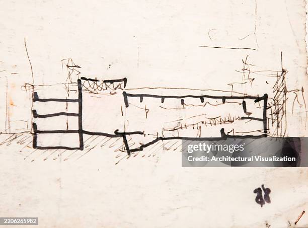 architect croquis section sketch of large building design - croquis-drawing stock illustrations