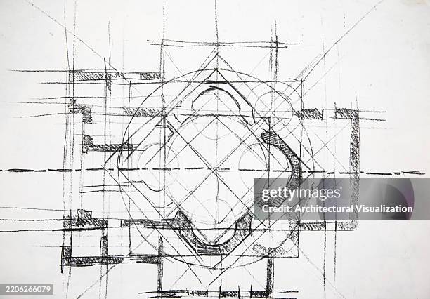 ilustraciones, imágenes clip art, dibujos animados e iconos de stock de diseño de planos geométricos de arquitectura con líneas, curvas y patrones estructurales de una catedral - geometría sagrada