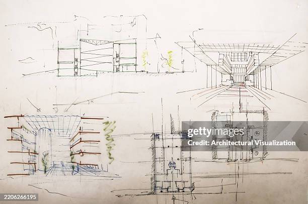 architect handmade drawings and sketches showing design thinking process, creativity and innovation solving architecture holistic problems - engineering-design-process-diagram stock illustrations