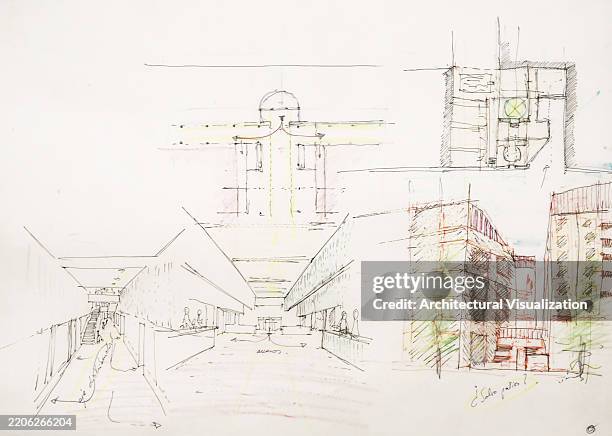 architect handmade drawings and sketches showing design thinking process, creativity and innovation solving architecture holistic problems - engineering-design-process-diagram stock illustrations