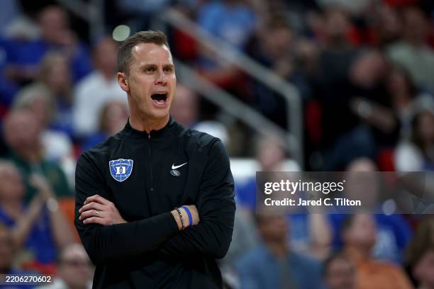 Head Coach John Scheyer of the Duke Blue Devils reacts during the first half in the first round of the NCAA Men's Basketball Tournament against the...