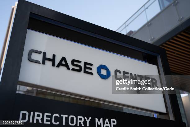 Close-up of the Chase Center directory sign with prominent logo in the Mission Bay neighborhood, San Francisco, California, March 18, 2025.