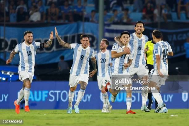Thiago Almada of Argentina celebrates with teammates after scoring the team's first goal during the South of American FIFA World Cup 2026 Qualifier...