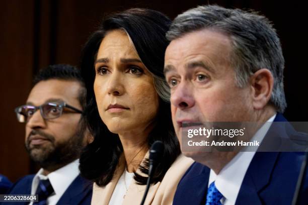 Central Intelligence Agency Director John Ratcliffe , accompanied by FBI Director Kash Patel , and Director of National Intelligence Tulsi Gabbard ,...