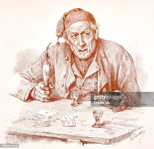 drinker with pointed cap sitting at a table looks grumpy after a lost card game - grumpy old man stock illustrations